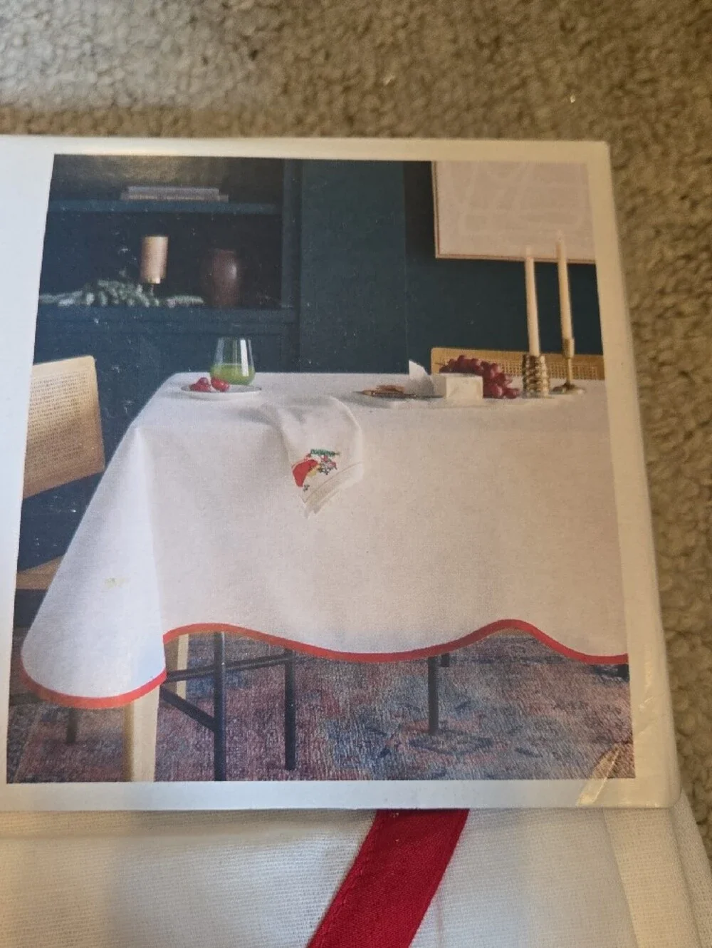Threshold White Rectangular Tablecloth with Red Border 932